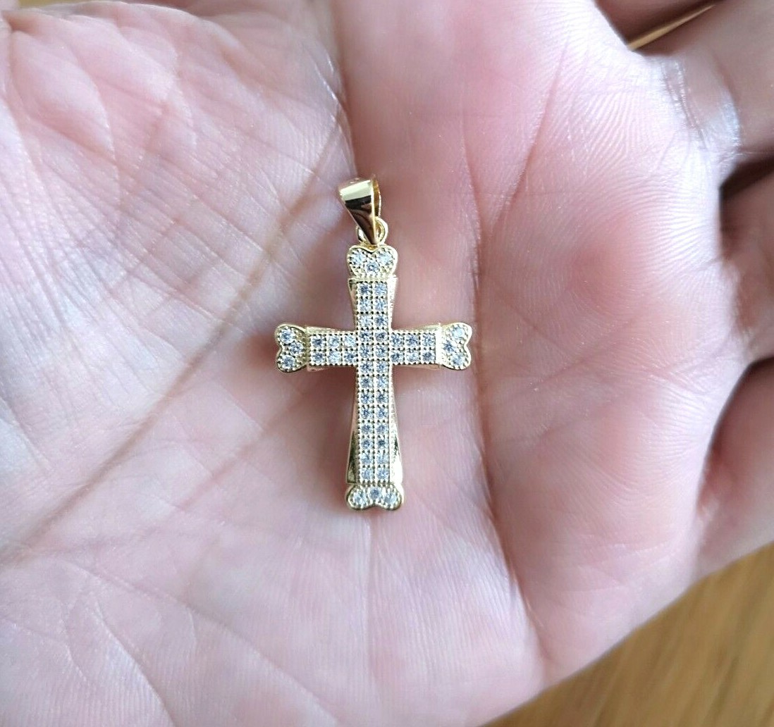 Simulated Diamond Cross Pendant Necklace in Solid 925 14K Yellow Gold Finish