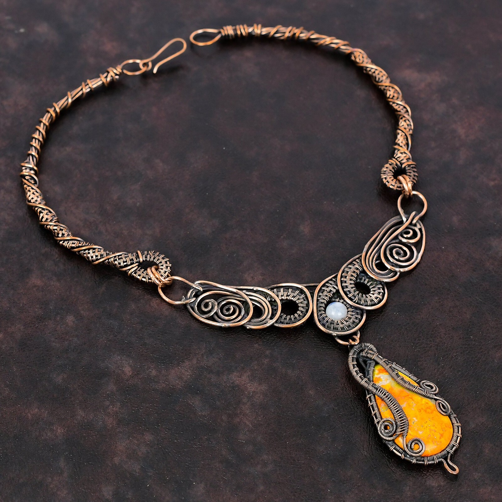Bumble Bee Jasper Jewelry Copper Gift For Mom Wire Wrapped Chain Necklace 18.0″