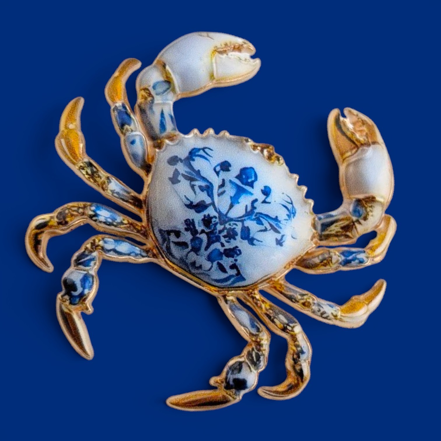 DELFT CHINA BLUE CRAB BROOCH porcelain look cancer coastal beach pin N4