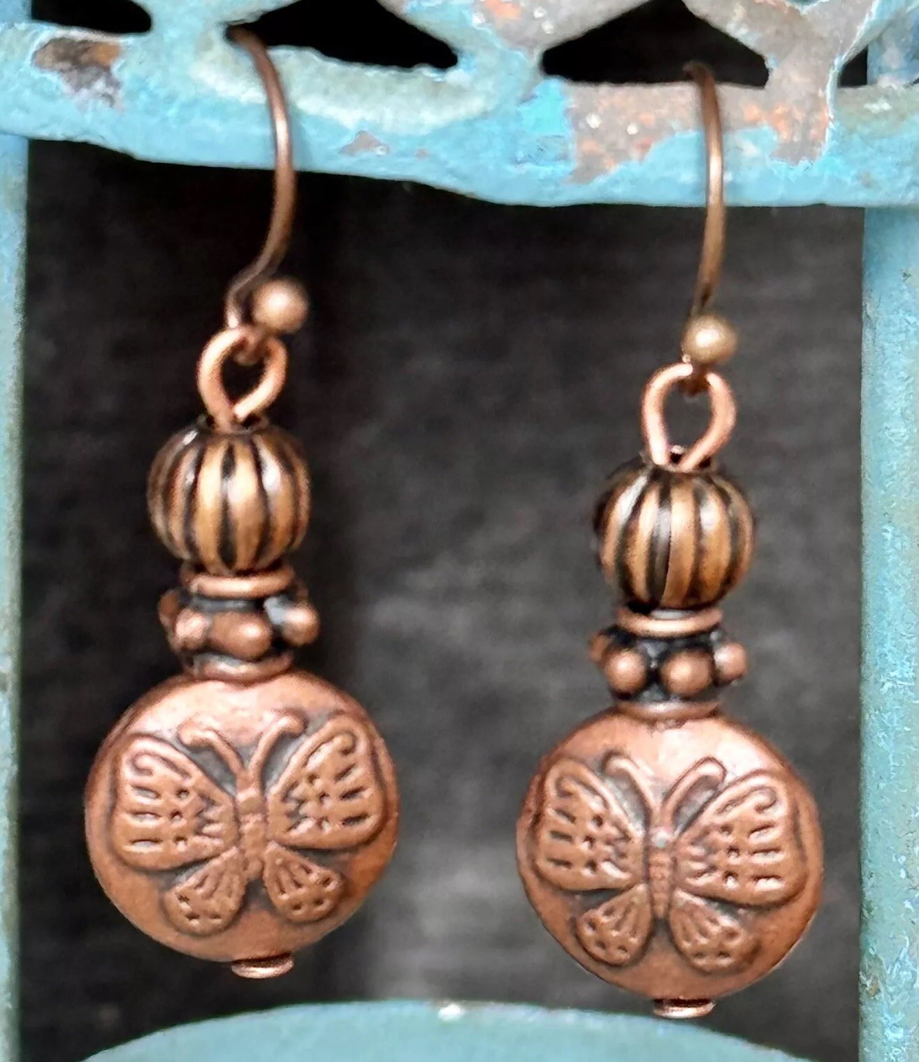 Little Etched Copper Butterfly Dangle Earrings. Boho Chic