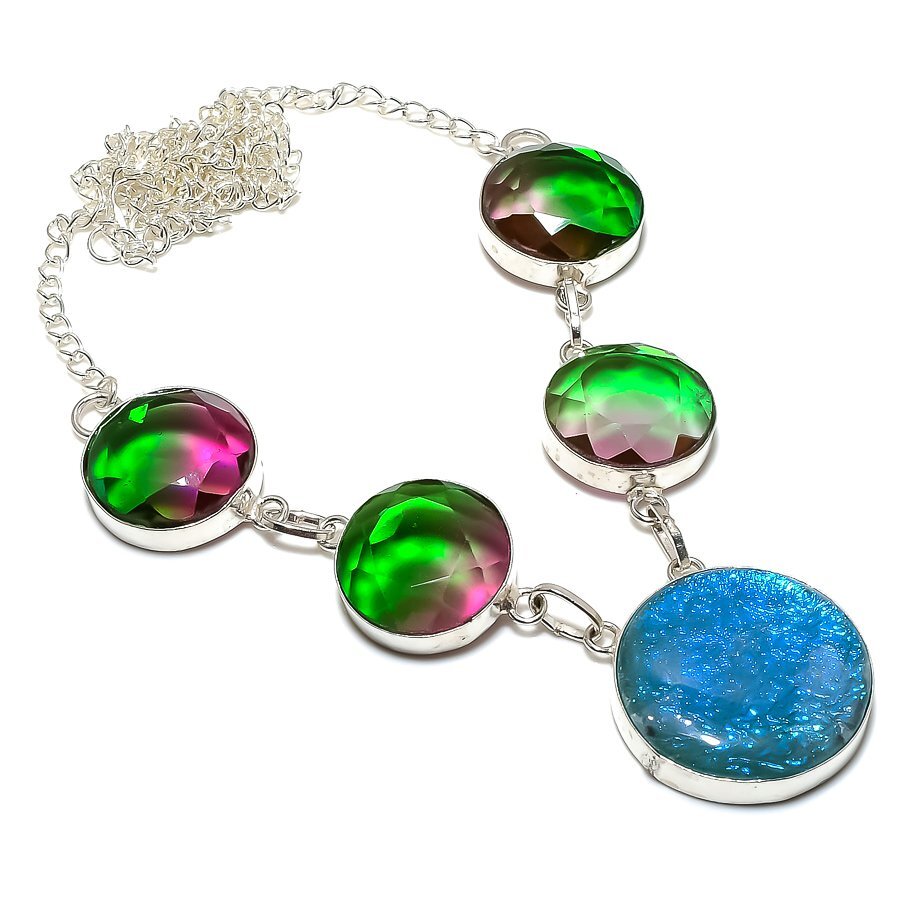 Blue Triplet Opal, Tourmaline Gemstone 925 Silver Jewelry Necklace 18″ R-5554