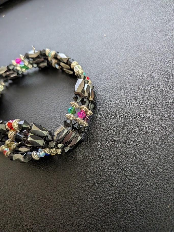 Magnetic Beaded Wrap Statement Bracelet Three Strand Black Red Silver 10” Long
