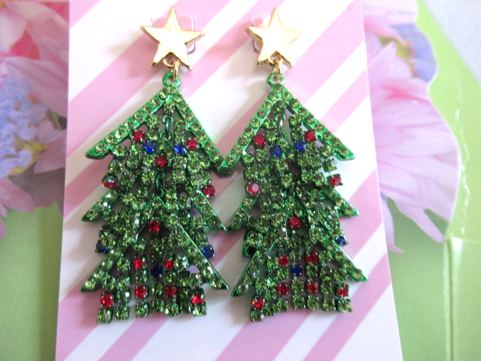 BETSEY JOHNSON Crystal Embellished Christmas Tree Drop Earrings Holiday NWT $78