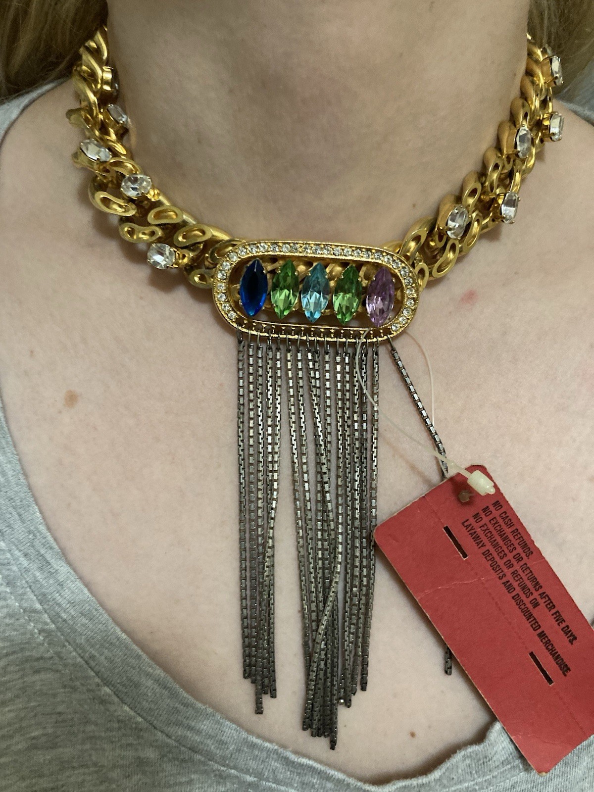 Gold Tone Multicolor Marquise Crystal Tassel Fringe Statement Link Necklace