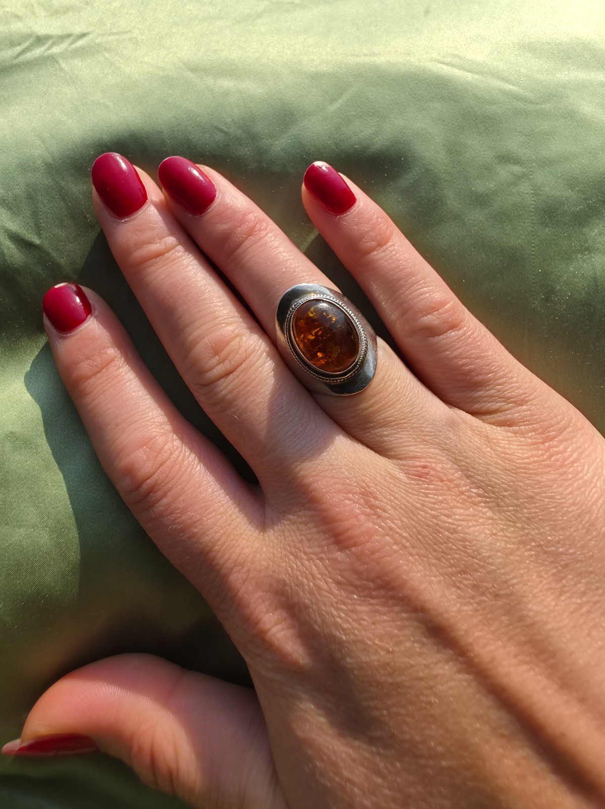 Vintage Silver Bezel Set Oval Amber Cabochon Boho Ring Size 8