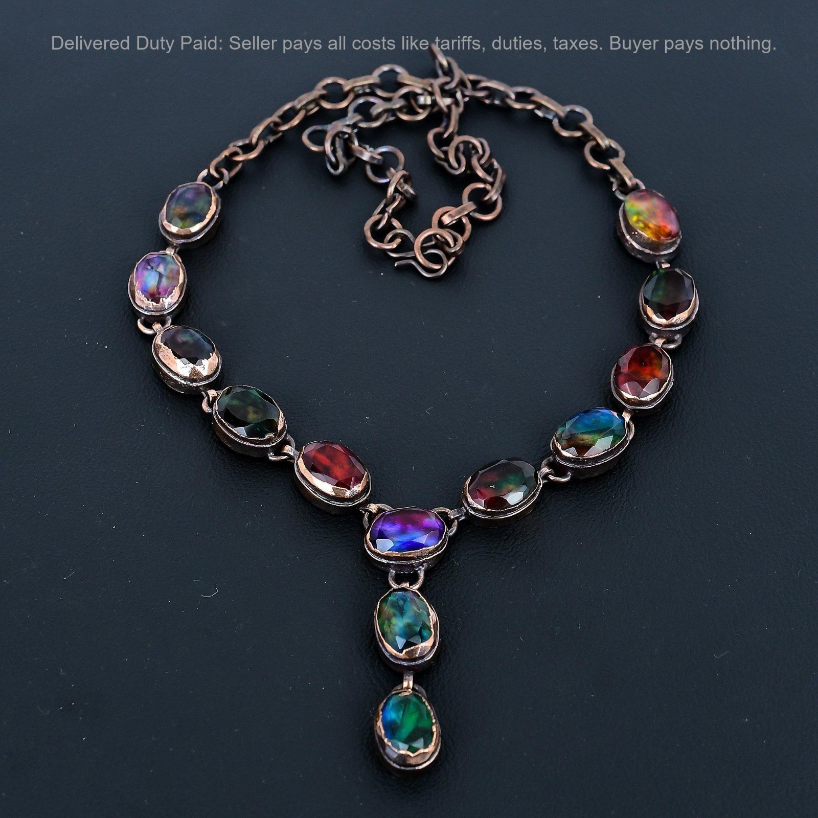 Christmas Sale Copper Oval Natural Ammolite Chain Electroformed Necklace Jewelry