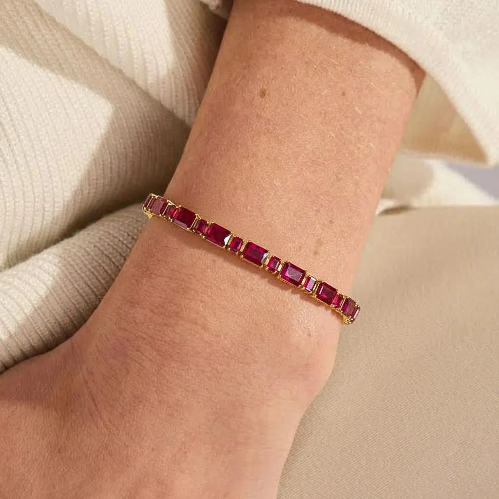 Red Ruby Octagon Gemstone Silver Tennis Bracelet, AAA Ruby Gemstone 925 Sterling