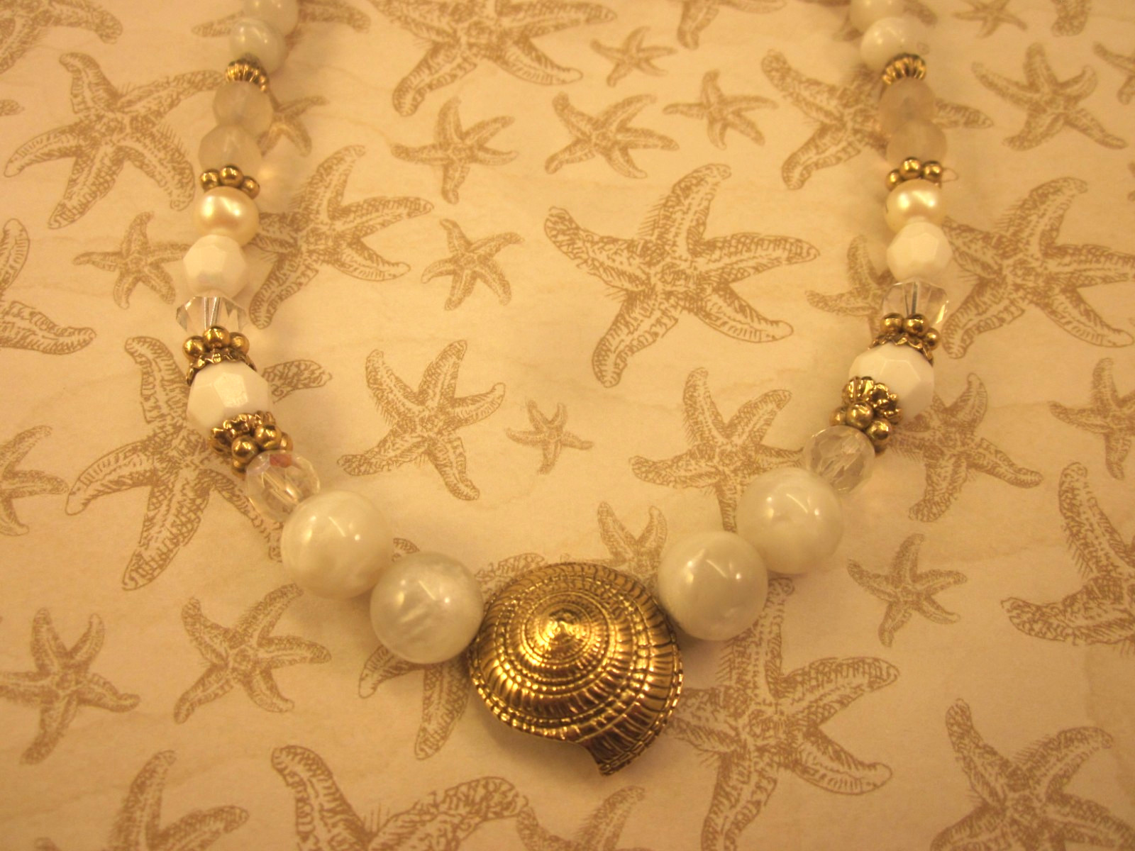 1928 Brand Seashell Pendant Necklace-Glass Crystals-Faux Pearls-15-18″ Gold Tone