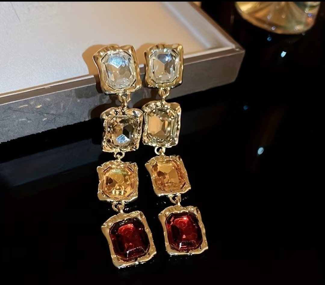 Gold Tone Multicolor Cushion Crystal Necklace & Dangle Earrings Jewelry Set
