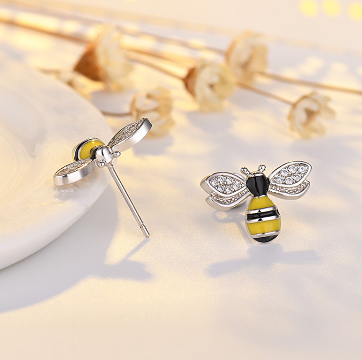 Silver Black Yellow Honey Bee Pave Cubic Zirconia Stud Earrings