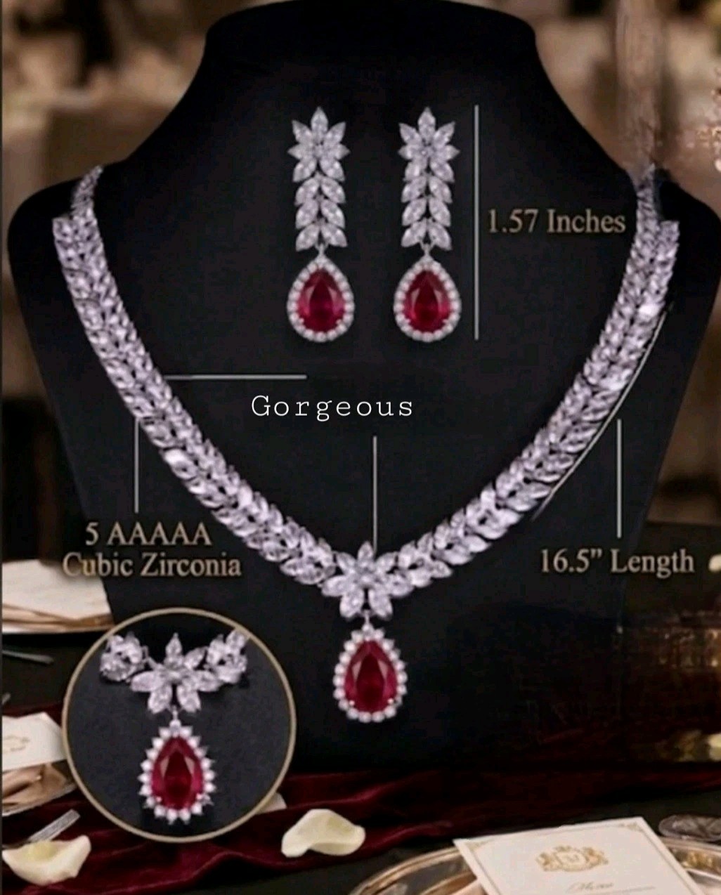 Luxury Ruby Waterdrop Wedding Jewelry Set 18K Rhodium Plated Regal 5A CZ Crystal