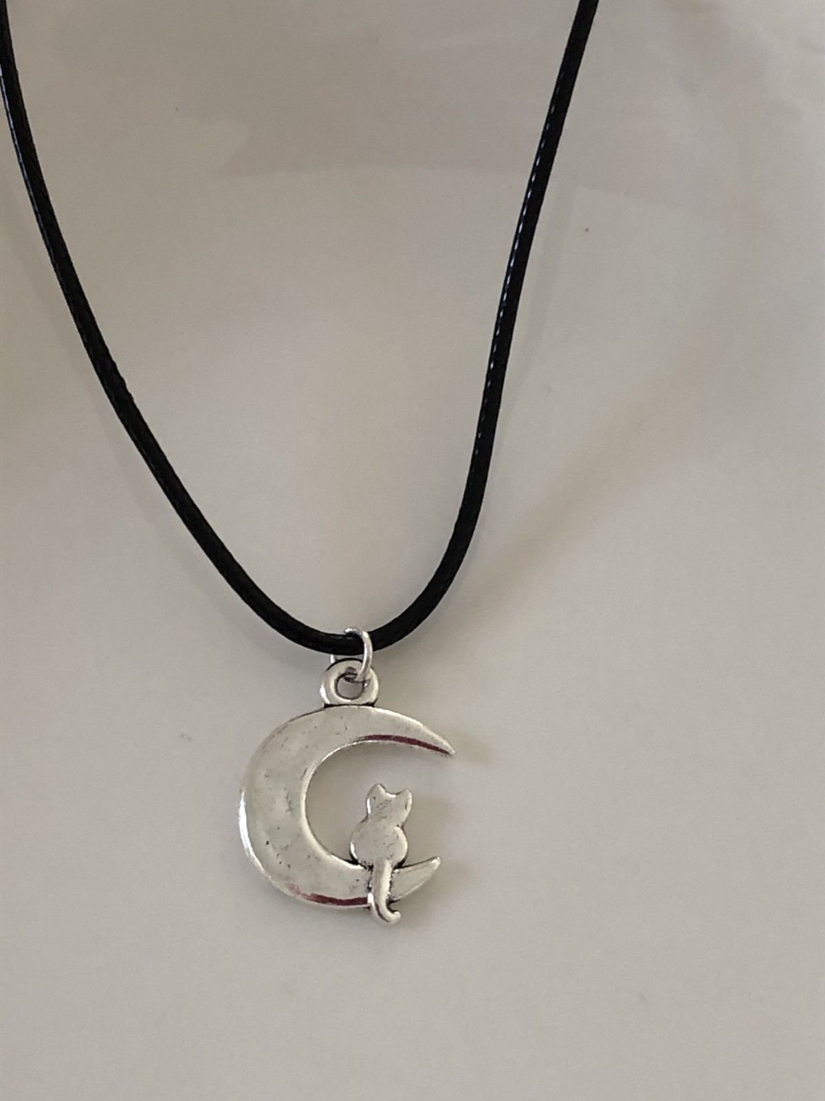 Cat Moon Crescent Genuine Leather Solid Silver Pendant Choker Necklace 45cm+5cm