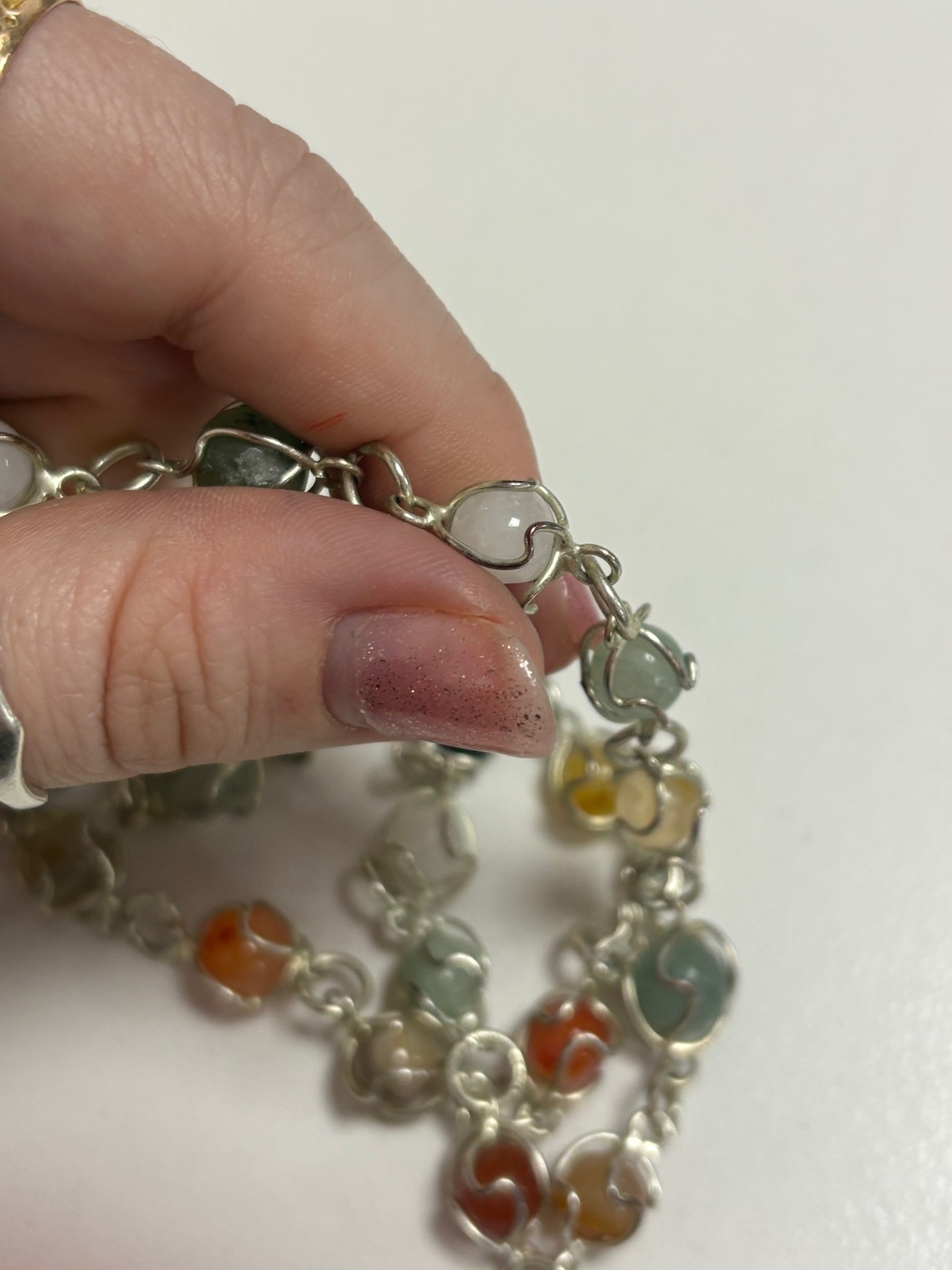 Mixed Colour Semi Precious Gemstone Silver Tone Wire Wrapped Necklace 52.5cm