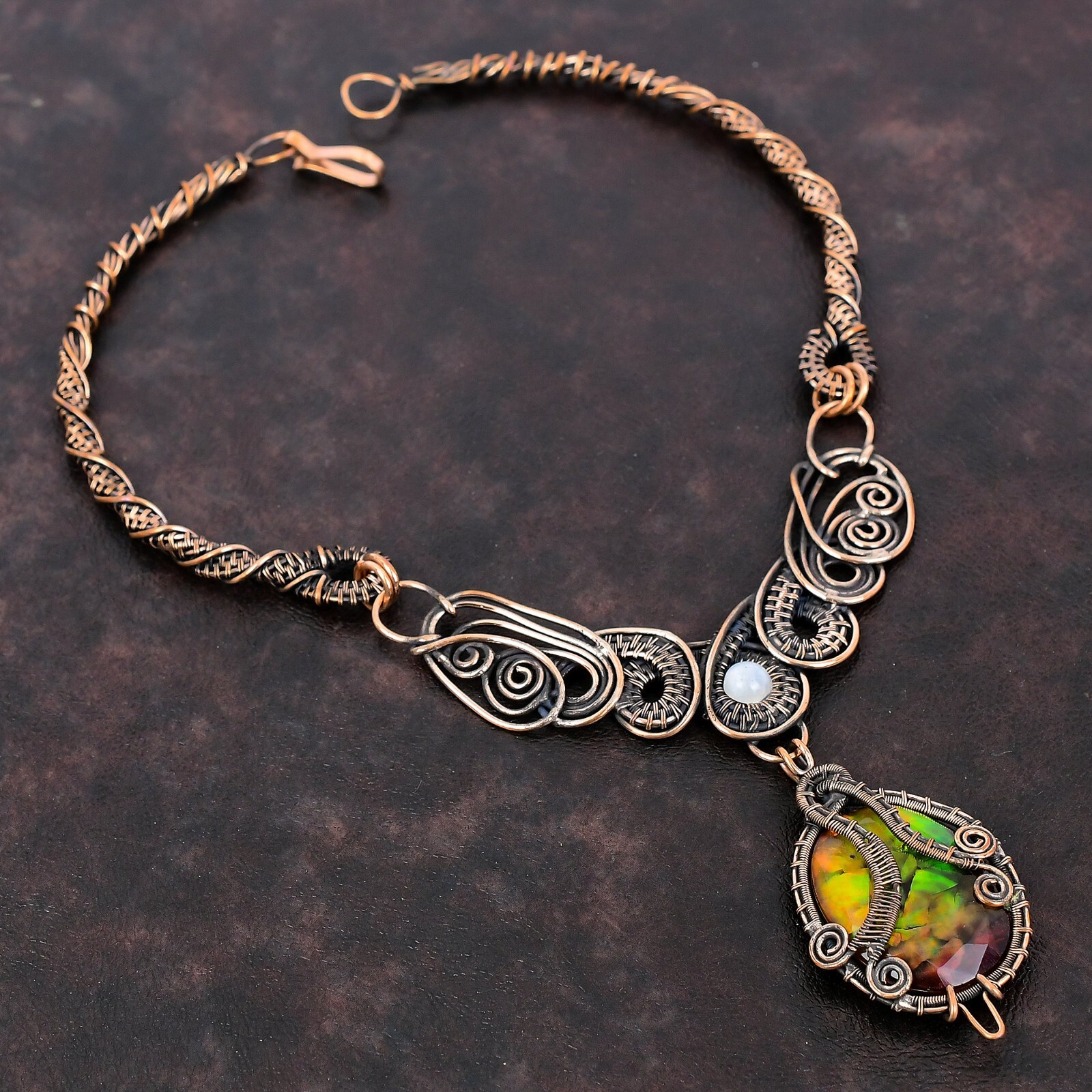 Gift For Her Copper Ammolite Gemstone Jewelry Wire Wrapped Chain Necklace 18.0″