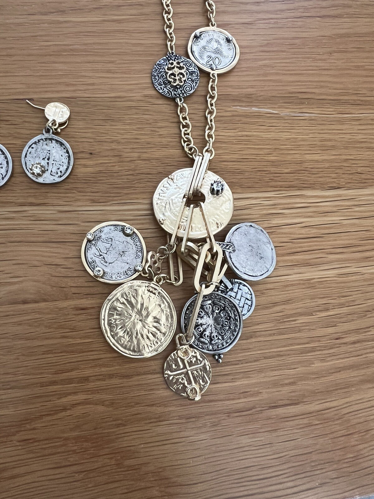 NWT CHICO’S Silver Goldtone Dangle Coins 24″ Necklace & Earrings W101