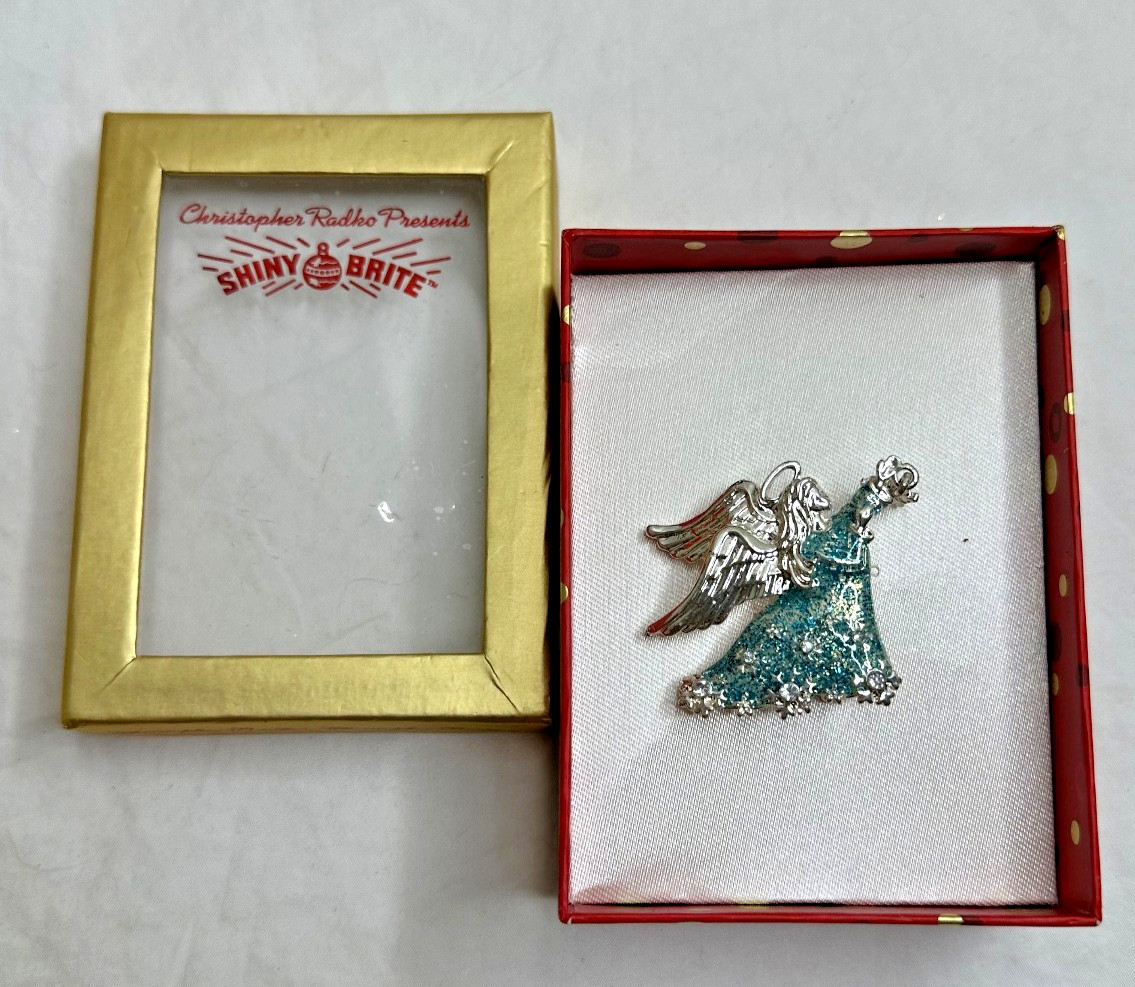 Christopher Radko Brooch Pin Blue Silver Glitter Boxed Shiny Brite New in Box