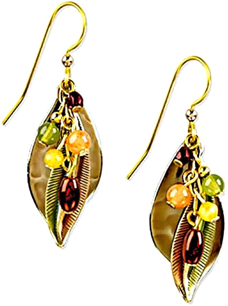 Silver Forest NE-1028 Dangle Earrings – Gold Tone Leaf w/Hammered Shield & Beads