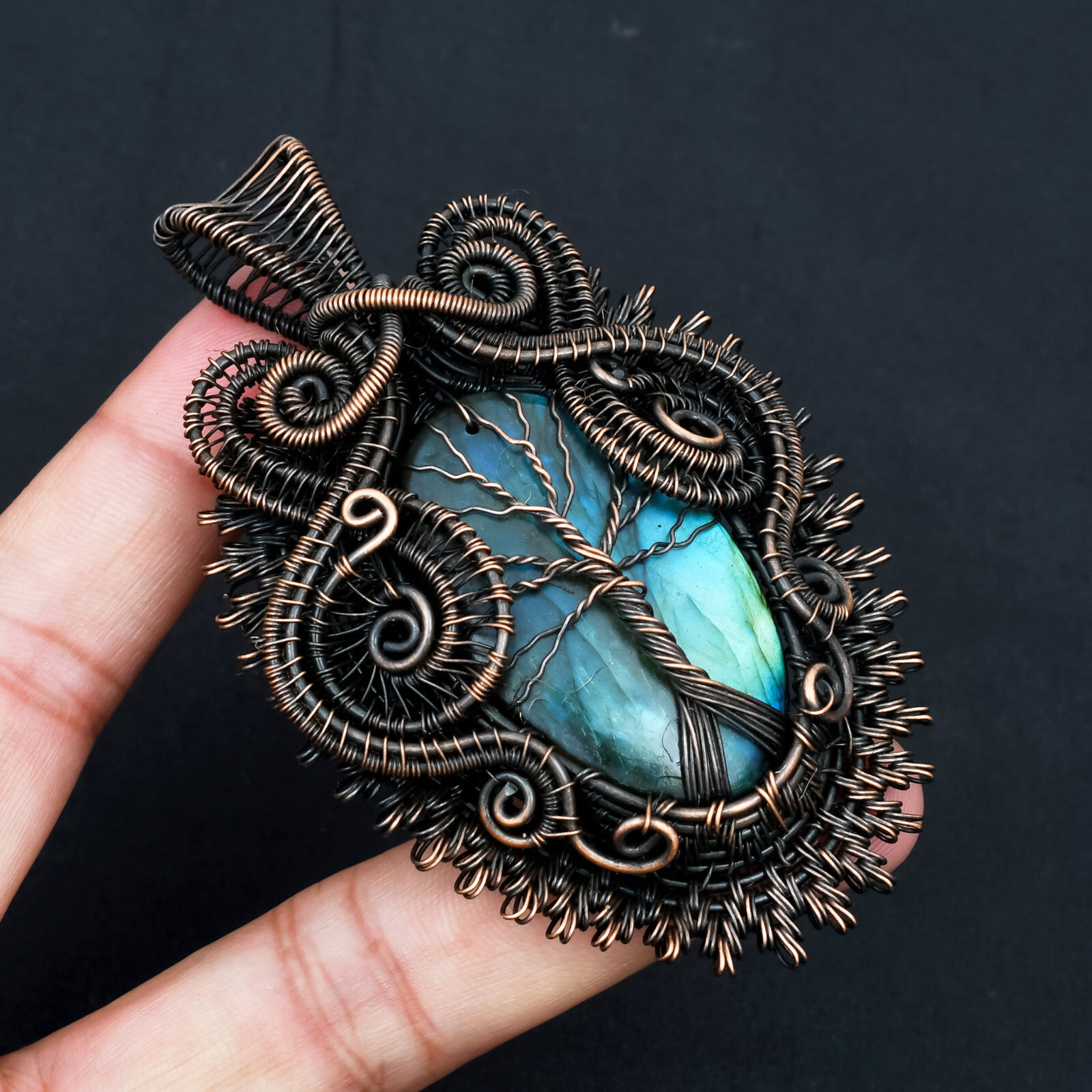 Natural Blue Fire Labradorite Gemstone Wire Wrapped Copper Pendant Jewelry