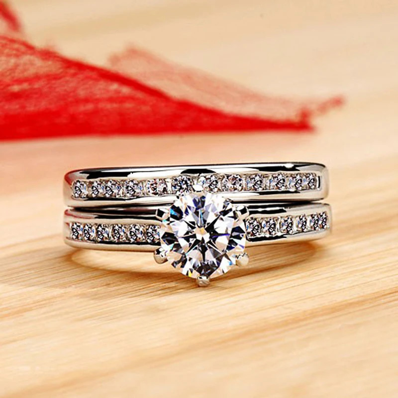 Six Prong Set Ring Simulated Zirconia Silver Tone Classic Bridal Jewelry