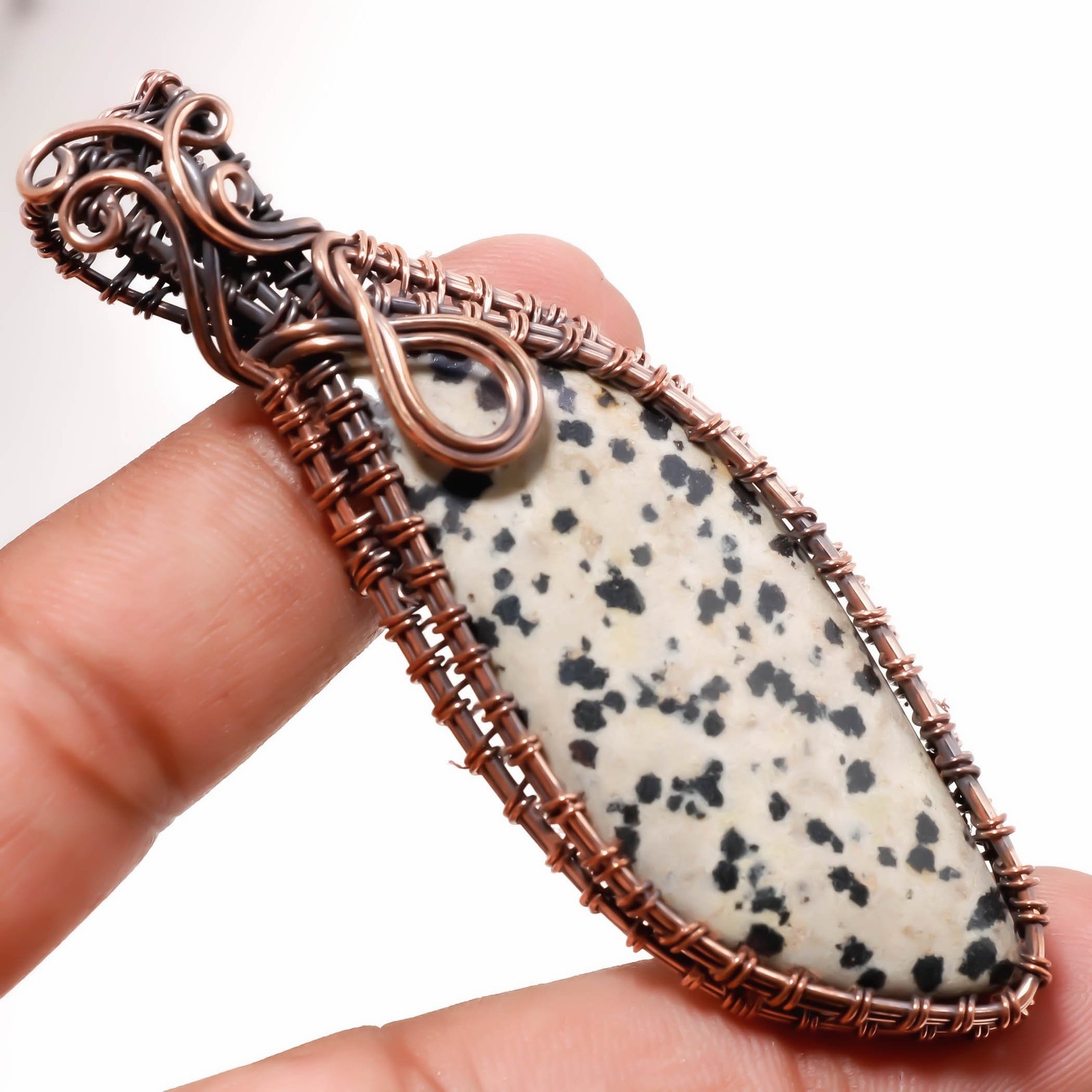 Dalmatian Jasper Gemstone Handmade Wire Wrap Copper Jewelry Pendant 3.1″ PG 587