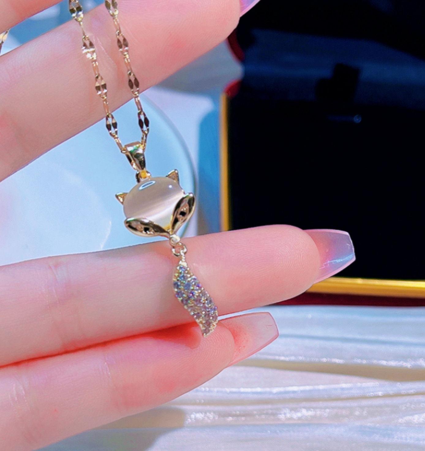 Titanium Gold Fox Tail Moonstone Pave CZ Pendant Lip Chain Necklace