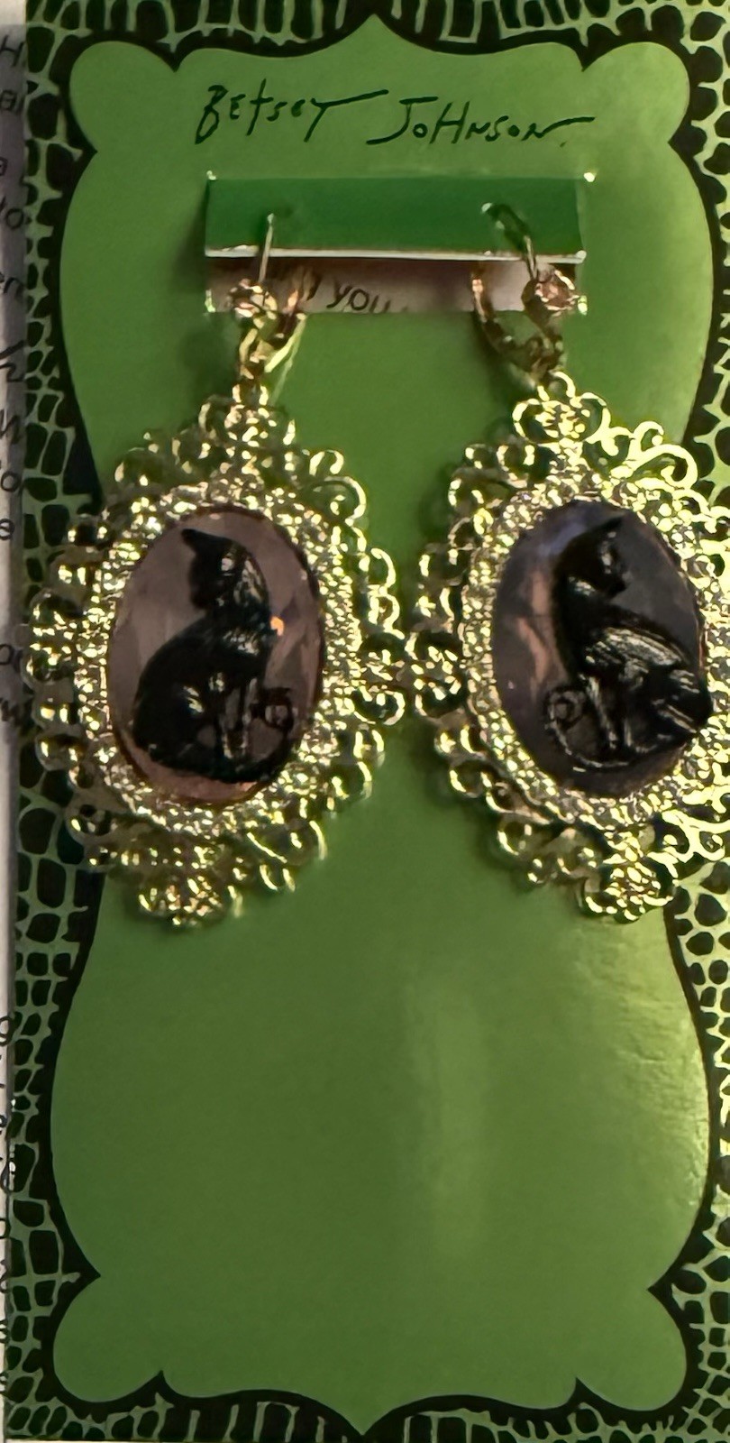 BETSEY JOHNSON Black Cat Cameo Rhinestone Gold Tone Halloween Drop Earrings NWT