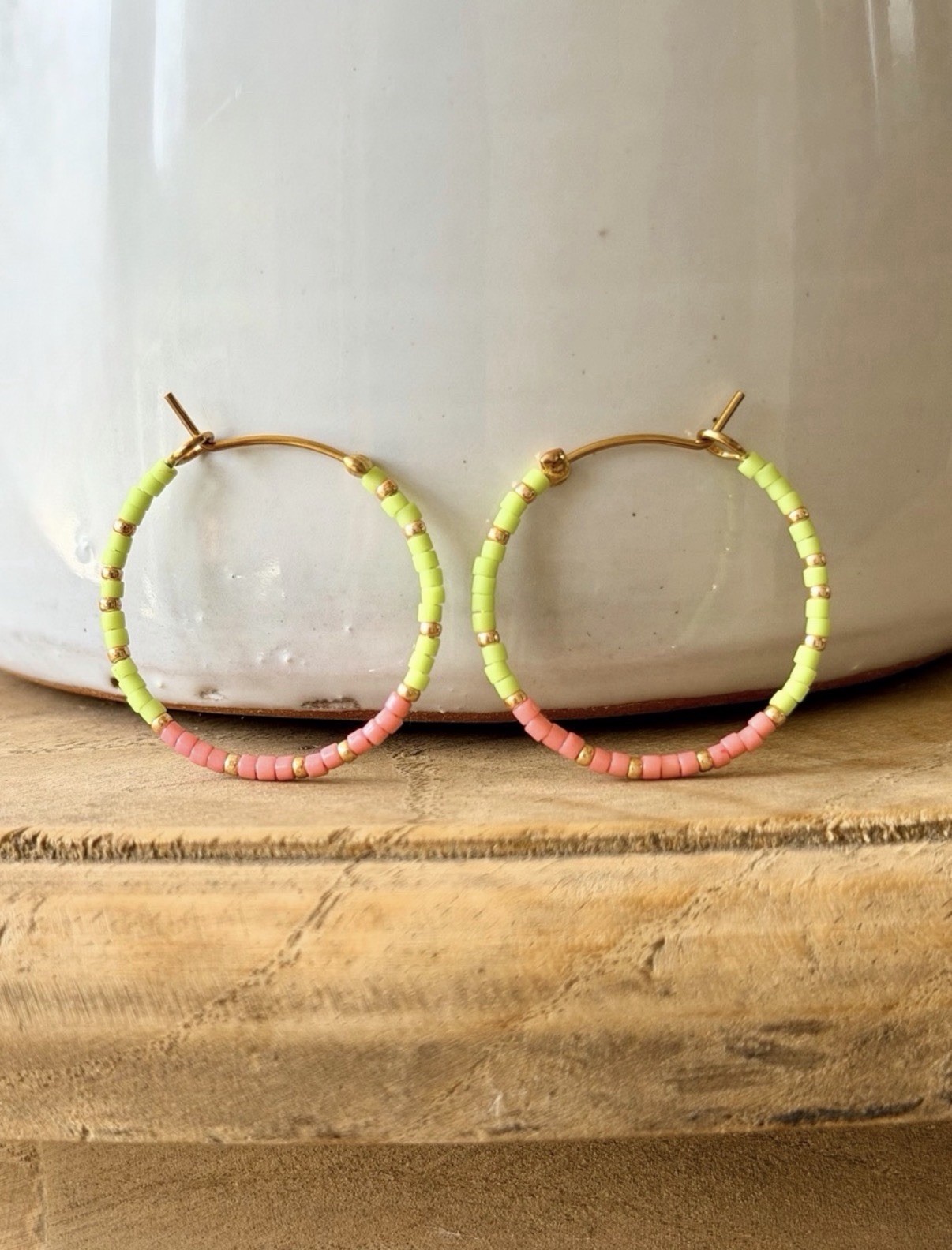 Pink Green and Gold Hoop Earrings