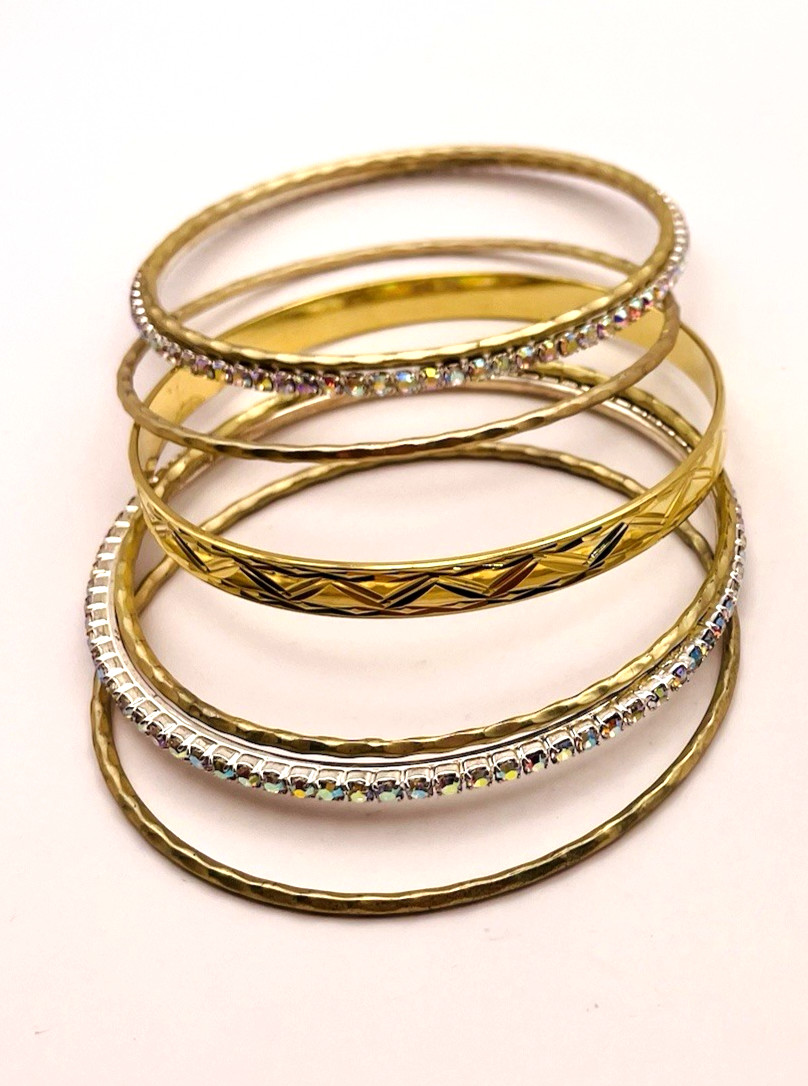 Gold And Silver Tone 7 Stackable Bangle Bracelets AB Rhinestones Engraved