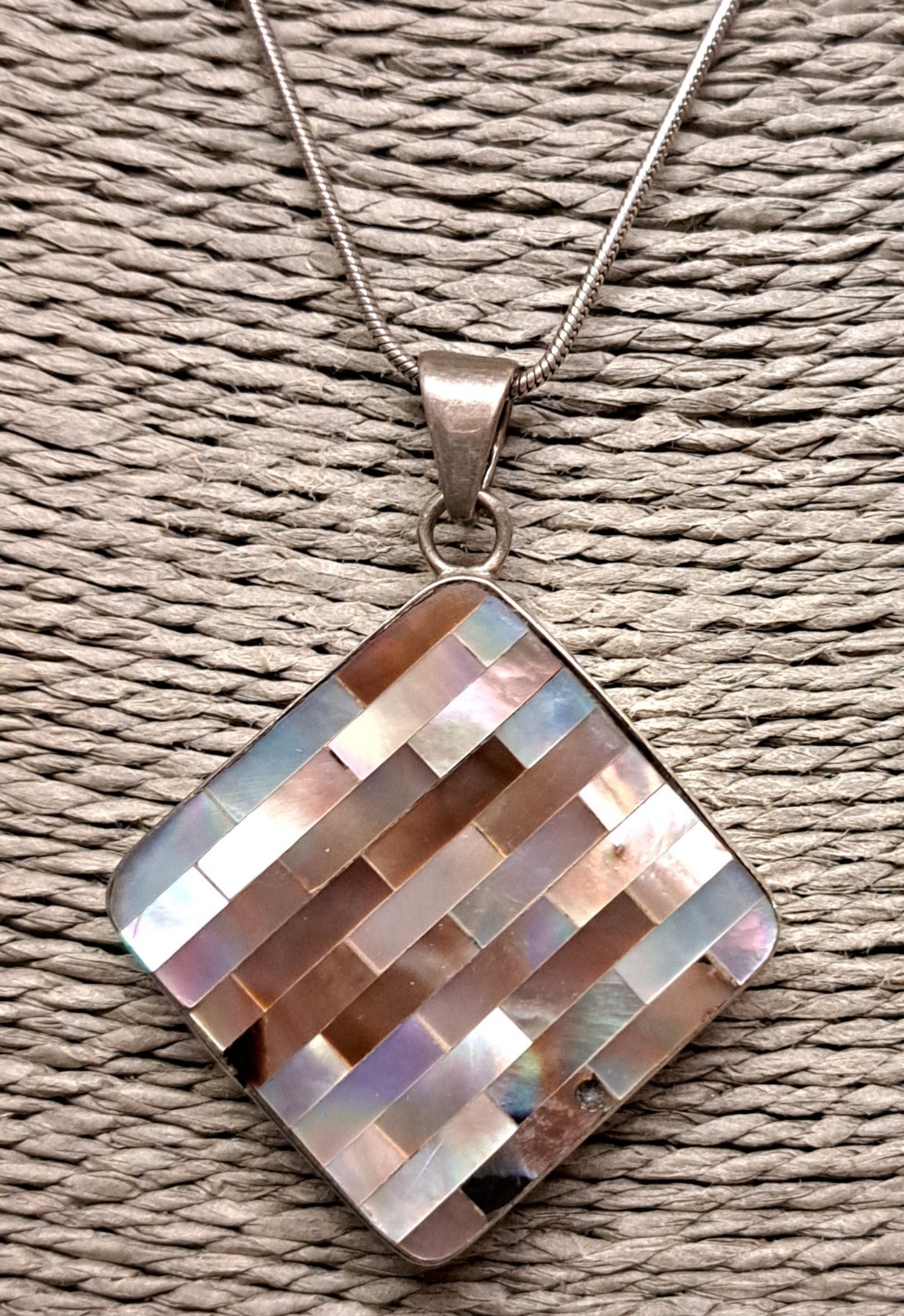 Vintage Sterling Silver 925 pendant Abalone mosaic Large 3cm 17.1gr 47cm chain