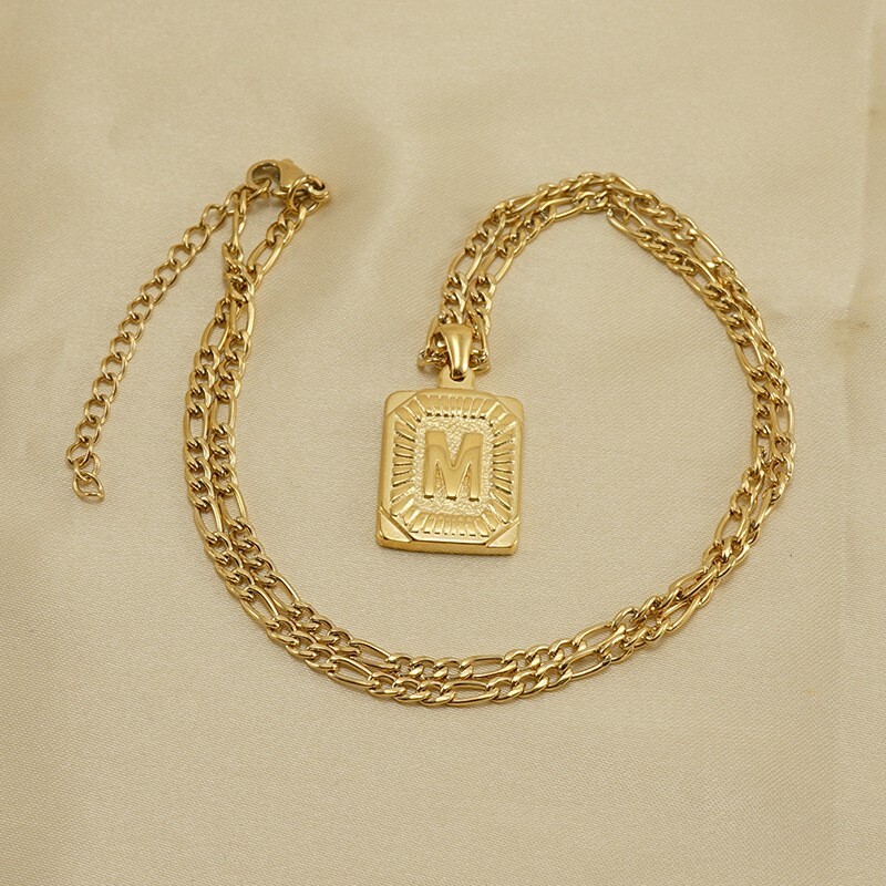 18″ Gold Plated Initial Letter Pendant Necklace Stainless Steel Figaro Chain