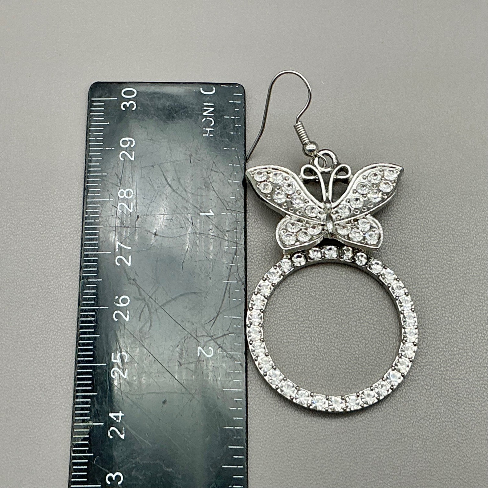 Earrings Womens Silver Tone Butterfly Rhinestone Hoop Dangle Drop 2.25 Inches