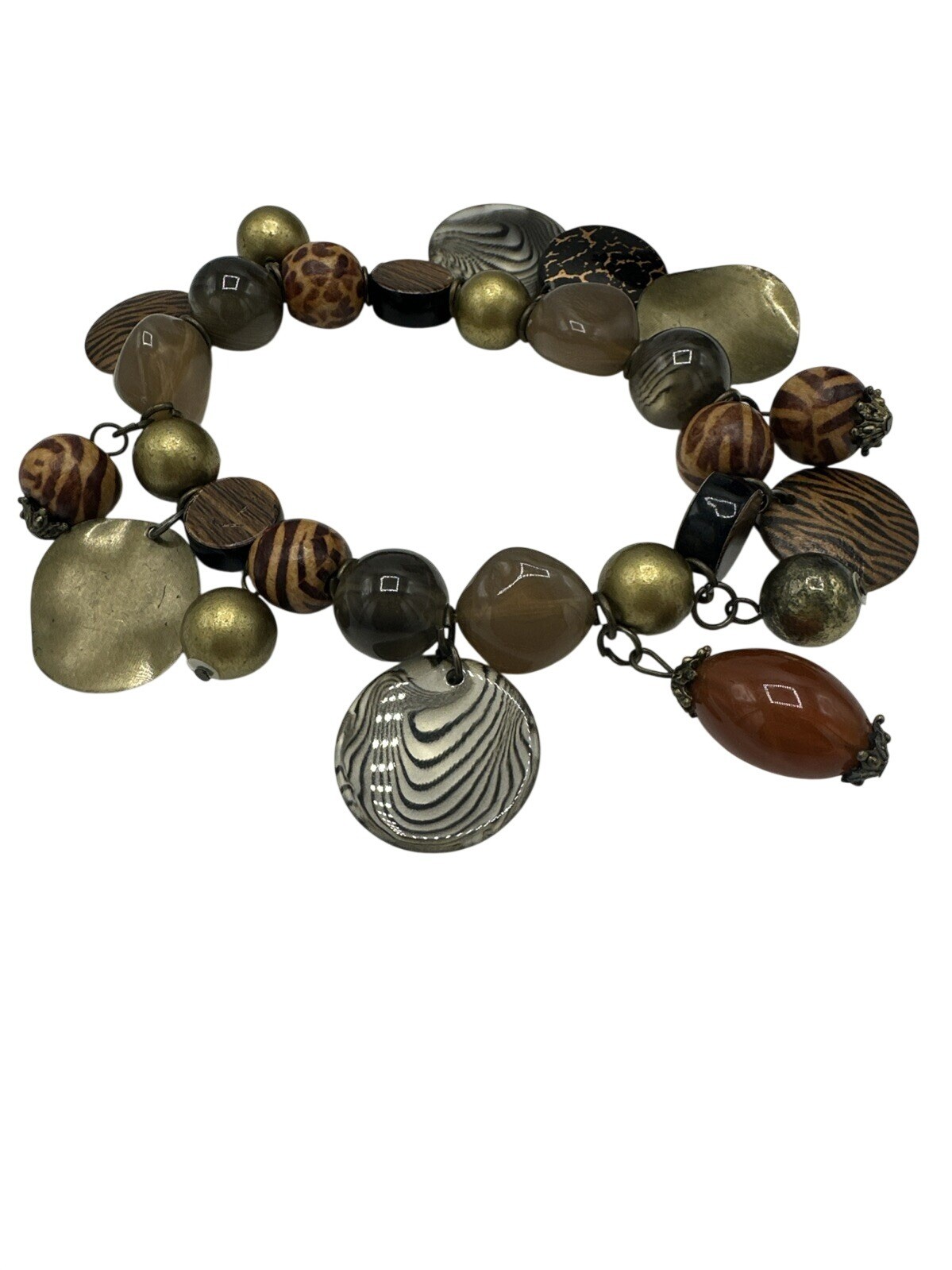 VTG Beaded Charm Bracelet Dangle Bead Rustic Boho Green Brown Chunky Stackable