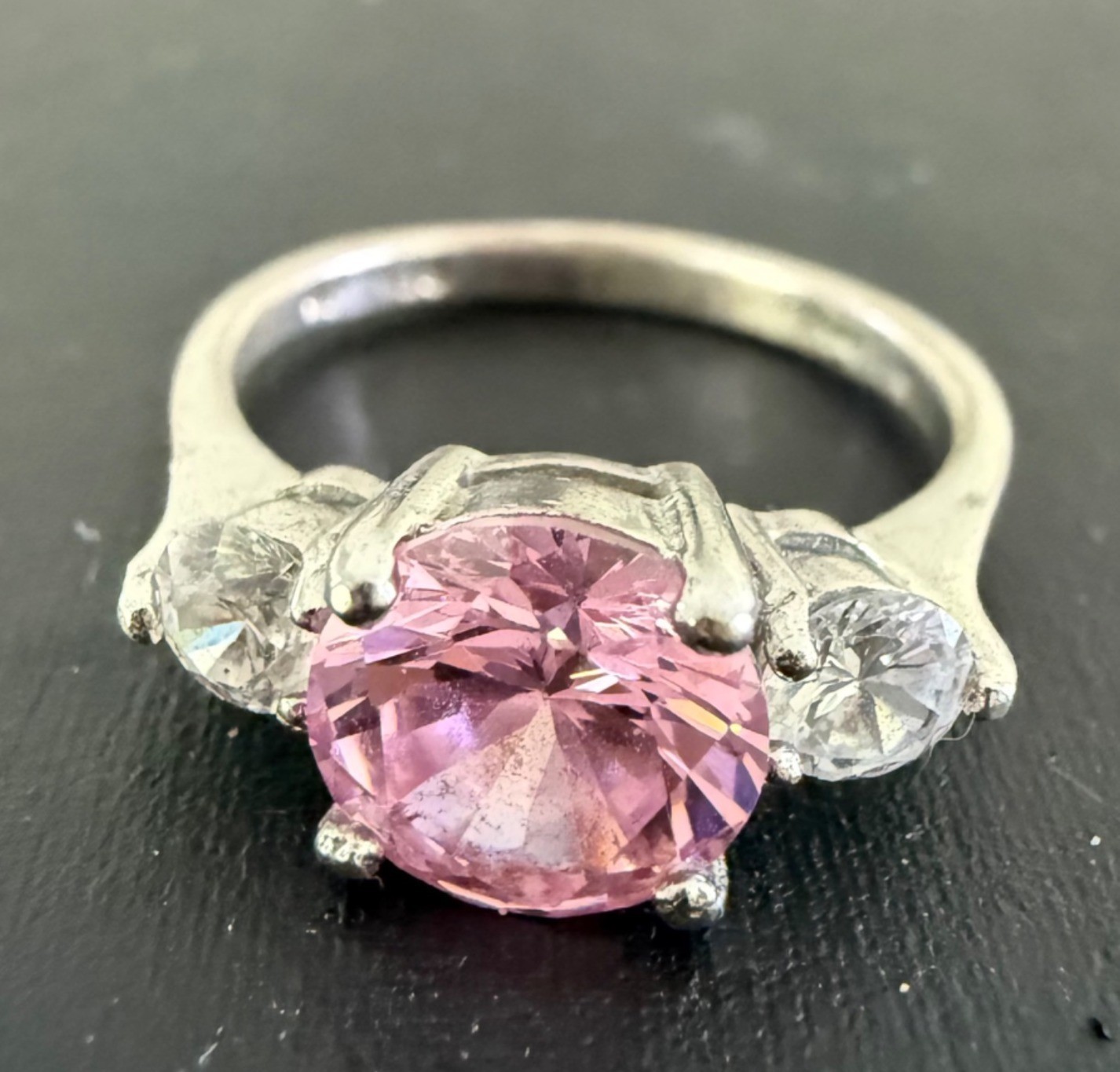 Sterling Silver Pink & White CZ Three-Stone Ring Oval Cut Size 9 Classic Design