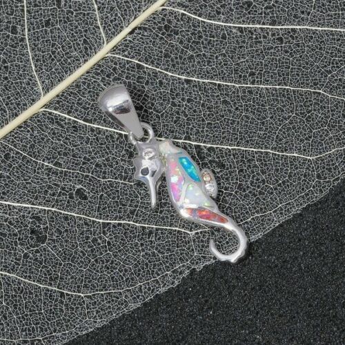 New Silver Multi-Color Simulated Fire Opal Sea Horse Seahorse Pendant Necklace