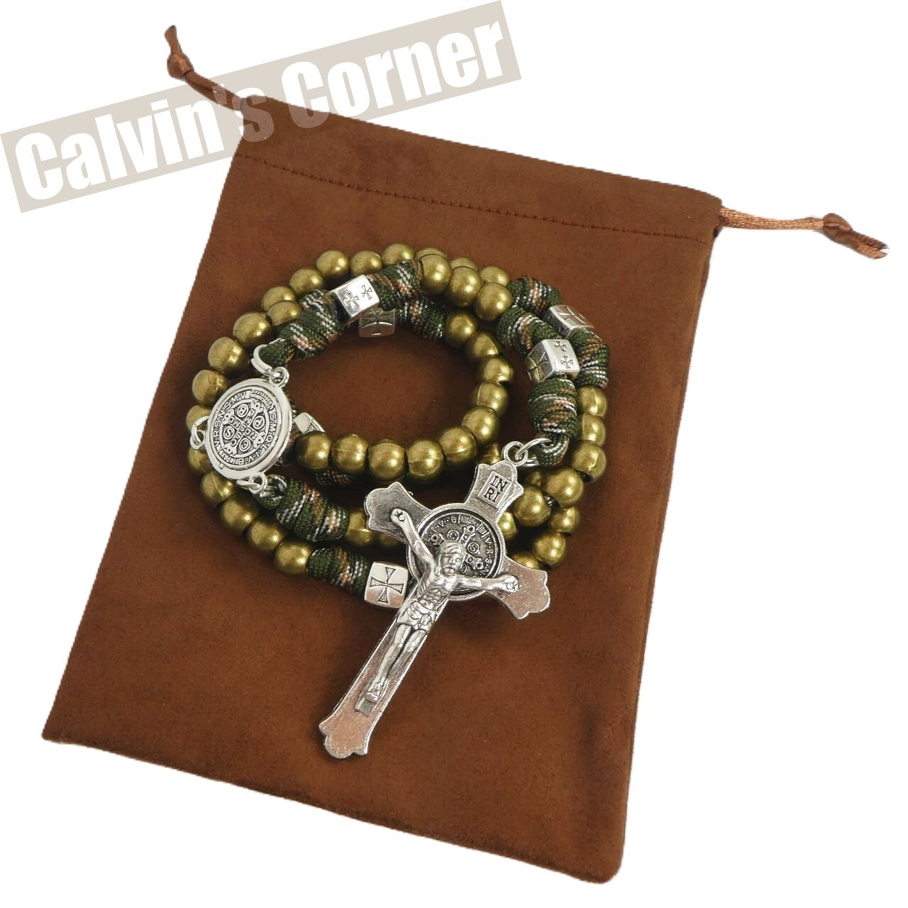St Benedict Paracord Rosary Necklace Army Green Metal Bead Crucifix Cross 20″