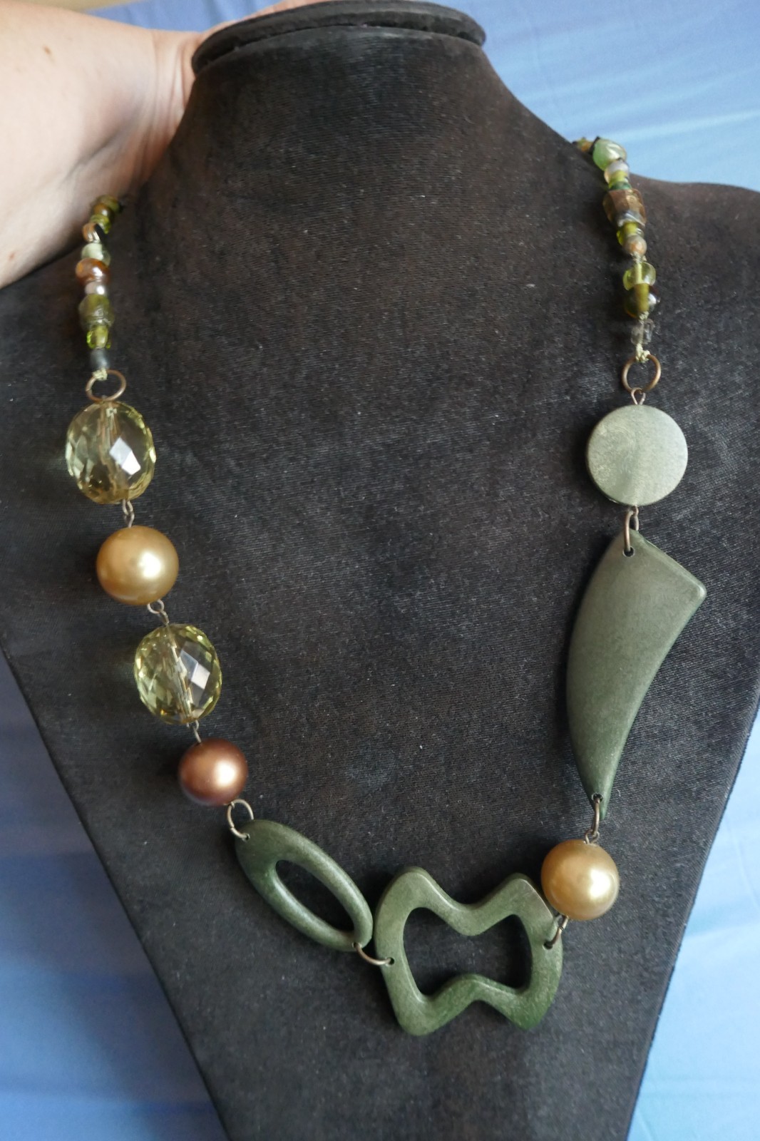 40″ Long Necklace Green Copper Gold Large Abstract Shapes Acrylic & Glass Beads