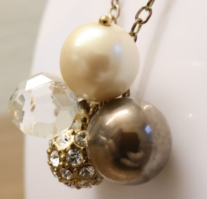 J.Crew necklace imitation pearl cluster clear faceted bead bronzetone adjustable