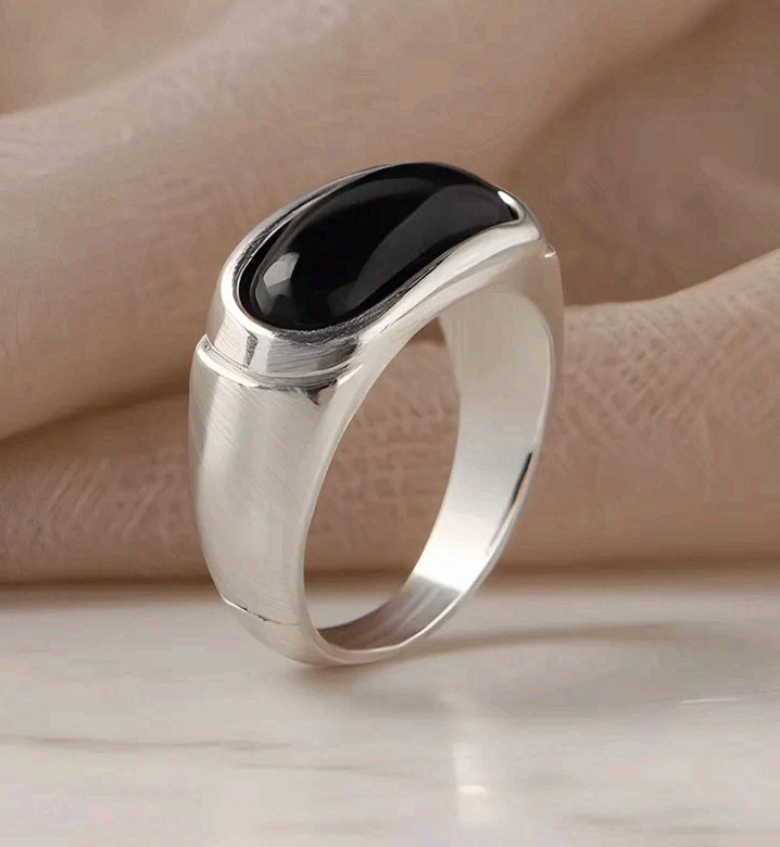 Surgical Steel Silver Fashion Ring Men Women Black Onyx Minimalist Band