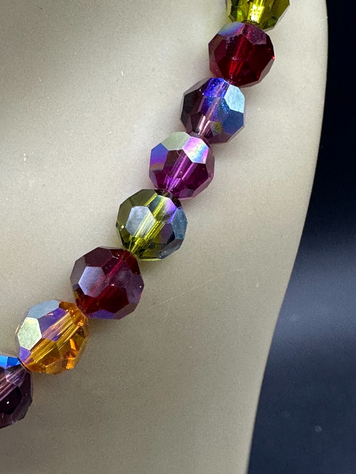 ESTATE STERLING SILVER ART GLASS RAINBOW RIVOLI BEAD STRAND STRING NECKLACE 21″