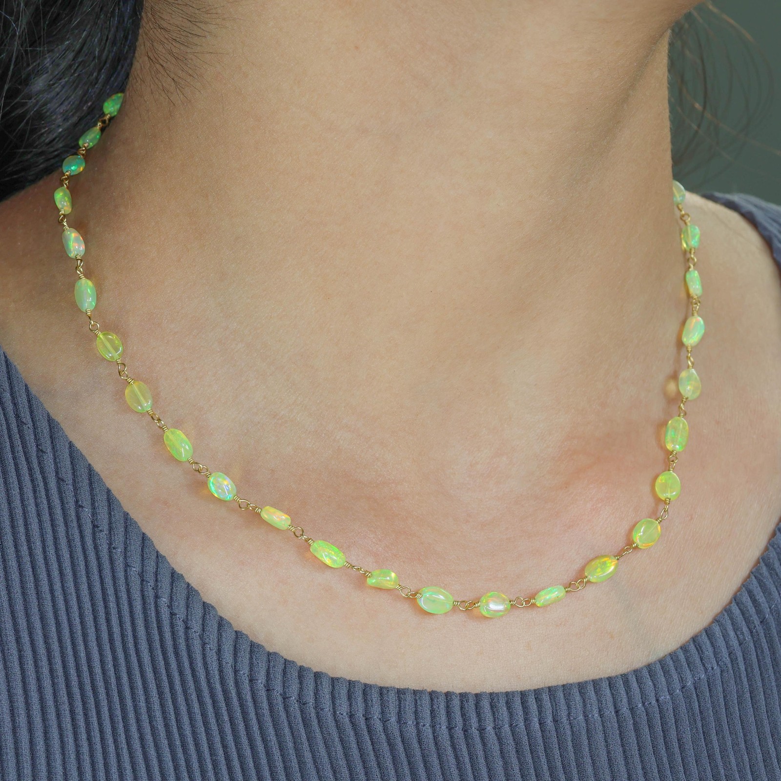 Multifire Yellow Opal Tumble Beads Wire Wrap Necklace, Ethiopian Opal Handmade