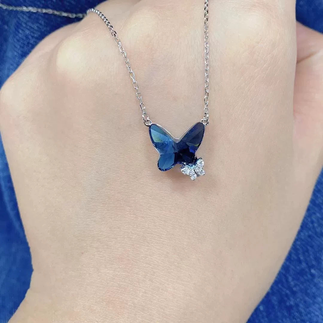 925 Sterling Silver Butterfly Pendant Necklace For Women Inlaid Crystal CZ