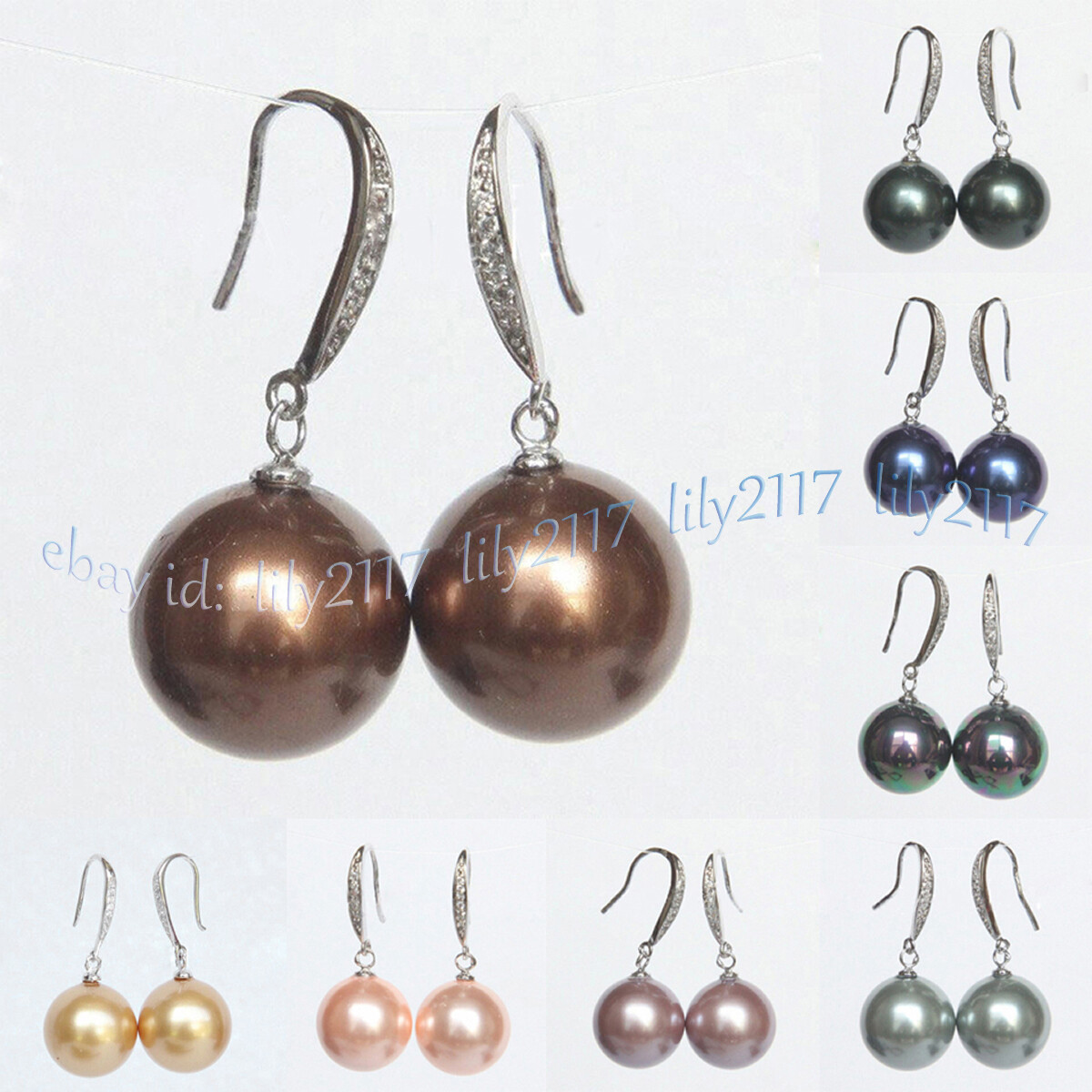 8-16mm Multicolor South Sea Shell Pearl Round Beads Dangle Silver Hook Earrings