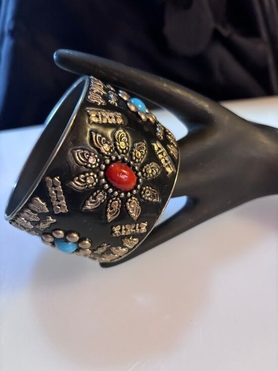 Faux Red, Turquoise Stone BOHO Black Silver Tone Bangle Bracelet