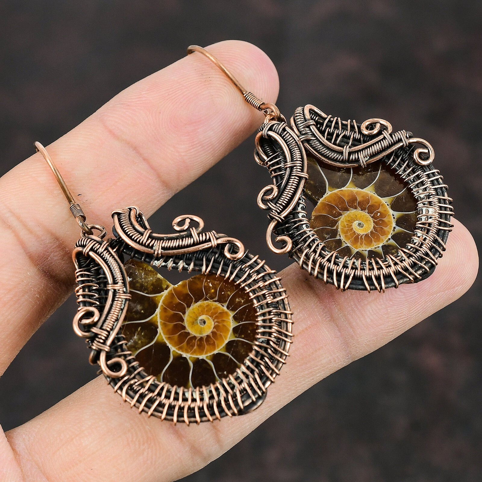 Ammonite Fossil Copper Valentine Gift Wire Wrapped Drop/Dangle Earrings 2.24″