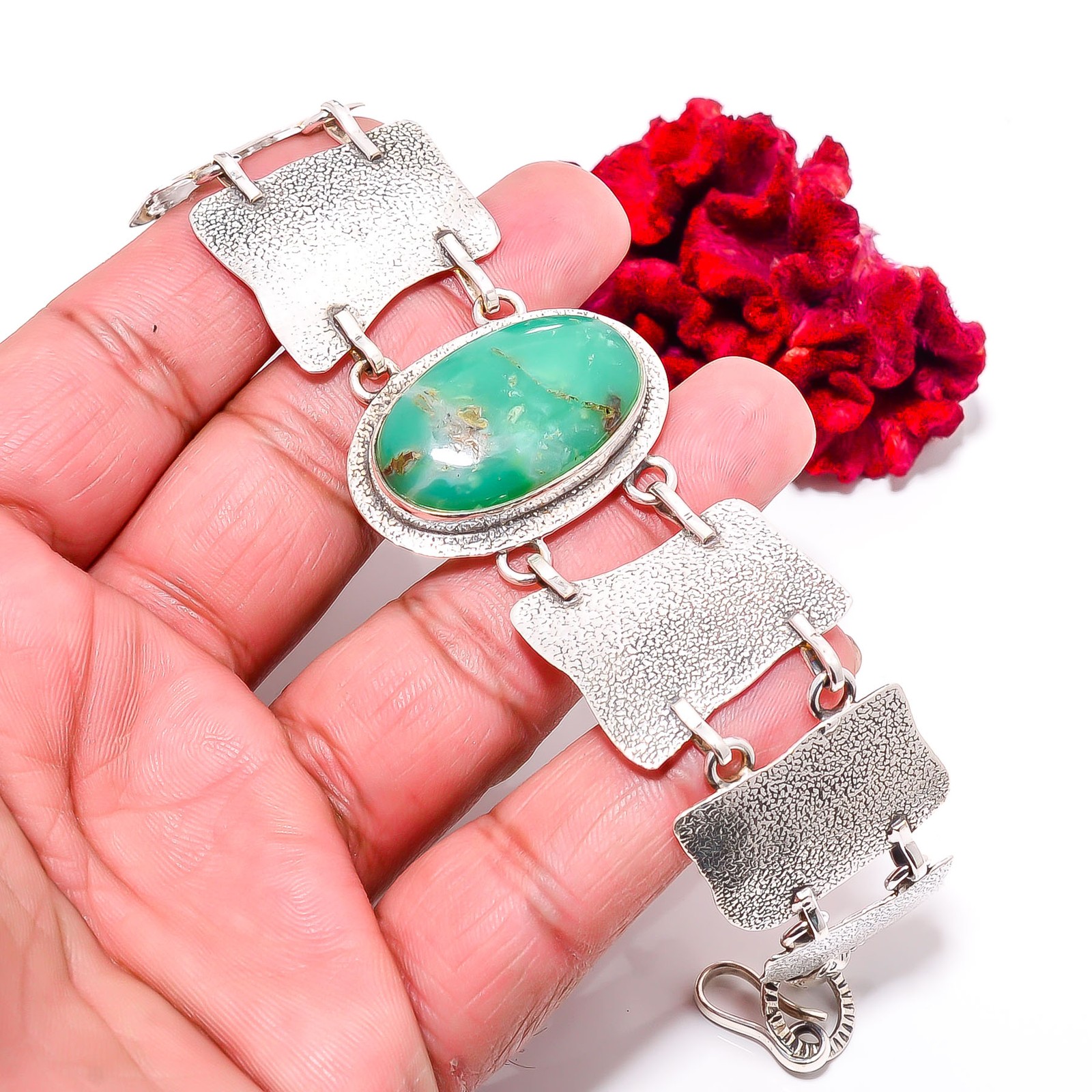 Mint Chrysoprase – Australia 925 Sterling Textured Silver Bracelet 8.99″ B84332