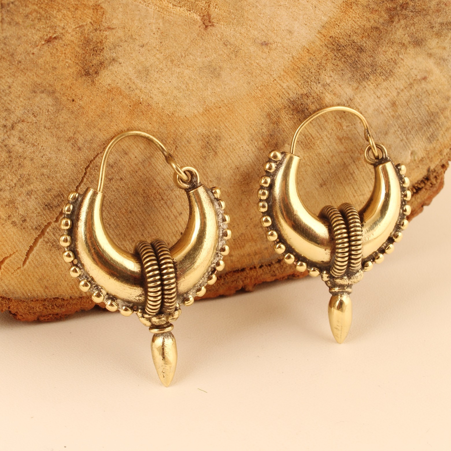 Gold Plated Tribal Hoop Earrings for Women, Boho Crescent Hoop Dangle Earring