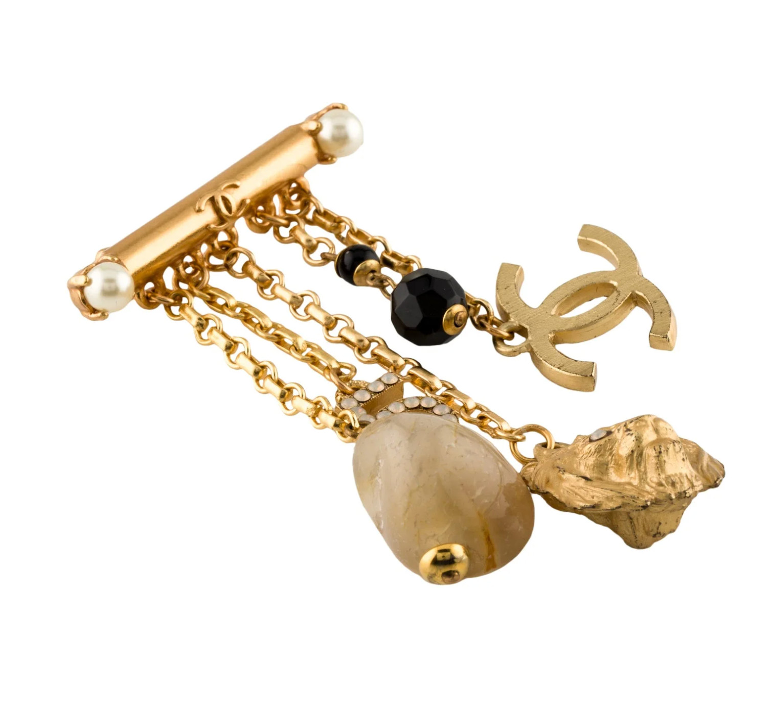 01A Chanel brooch pin bar XL charms lion 5 stones chains gold