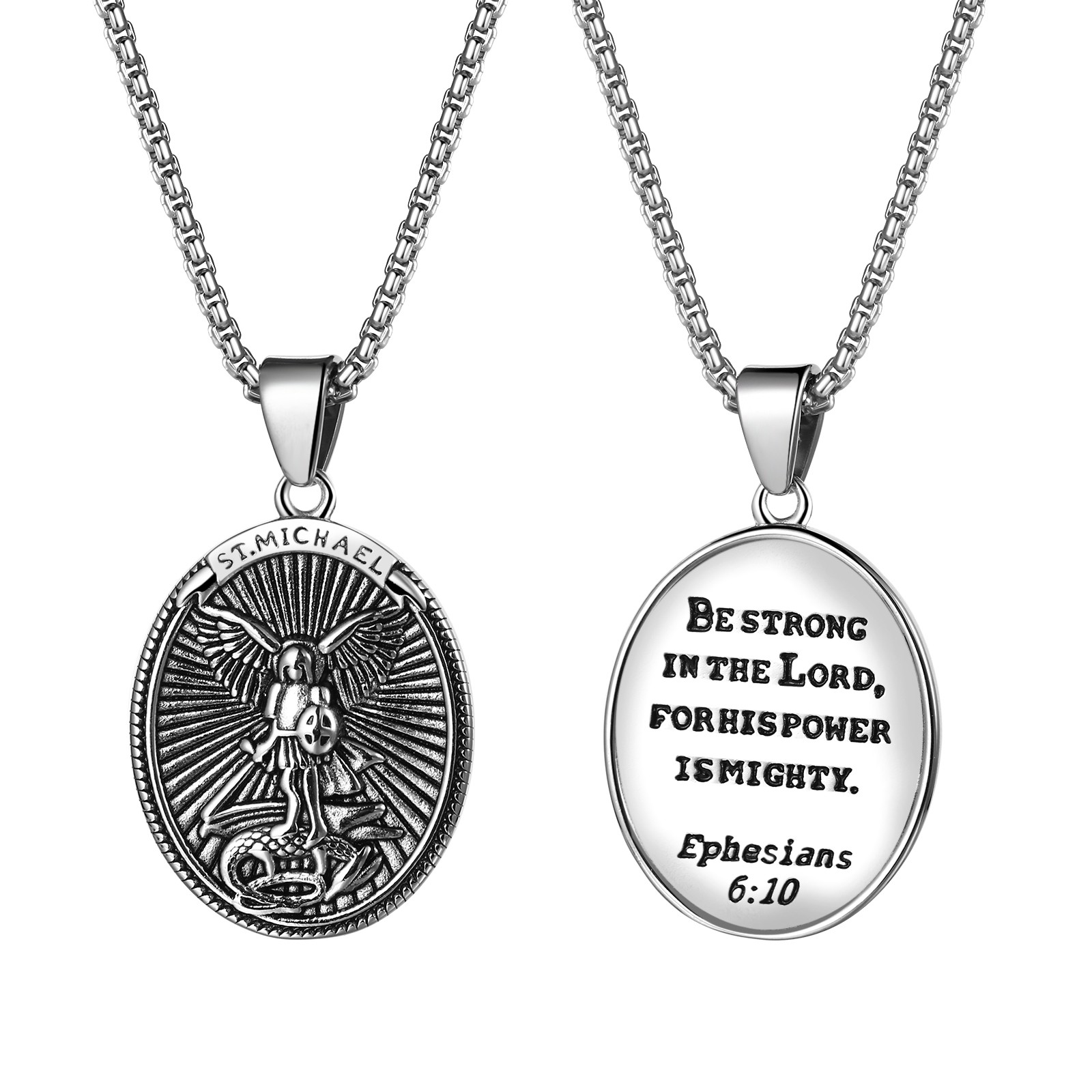 Biker St Michael Oval Medal Pendant Necklace Religious Protector Charm Chain 24″