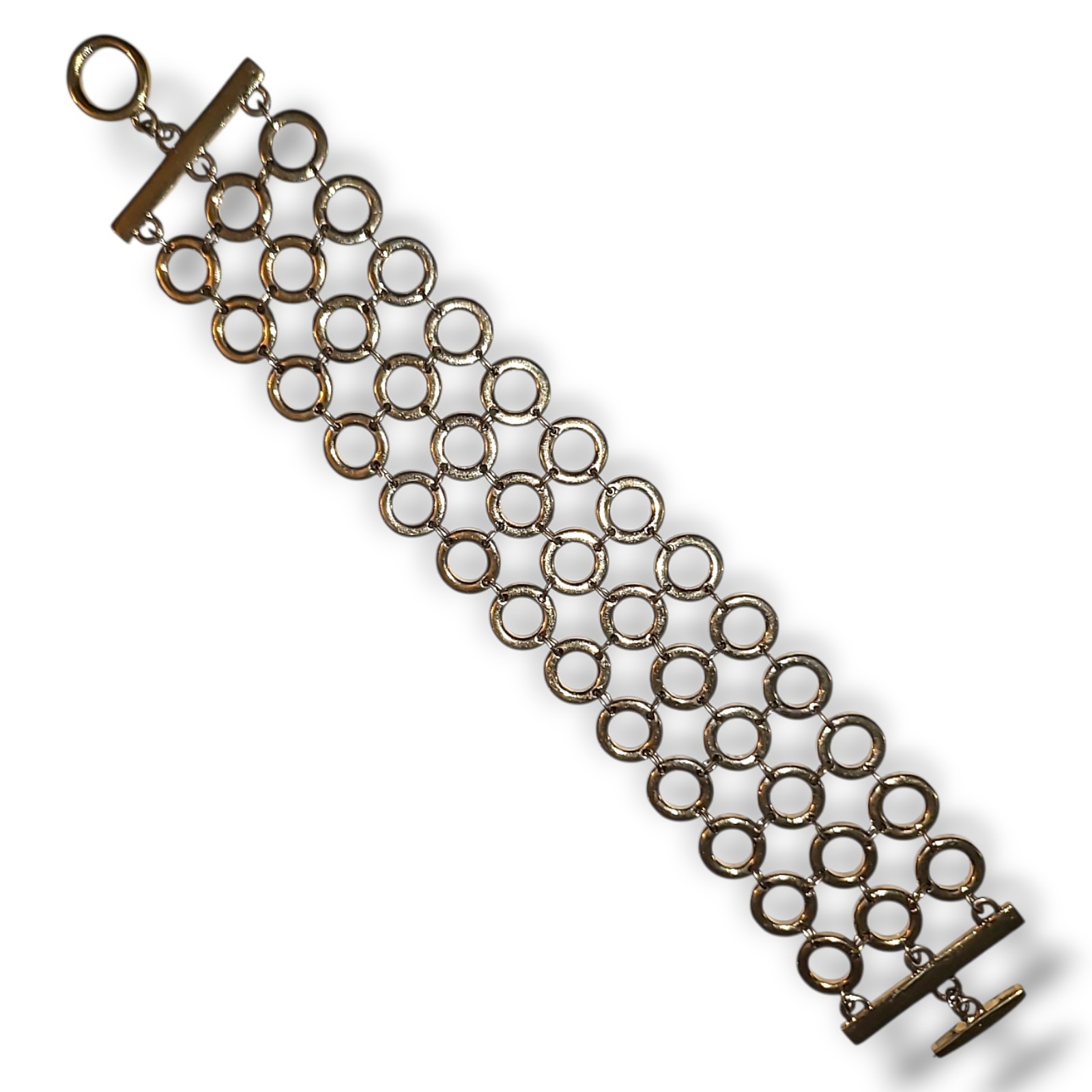 Gold Tone Multi Ring Link Bracelet 7.5″ Wide Statement Toggle Chain Bold