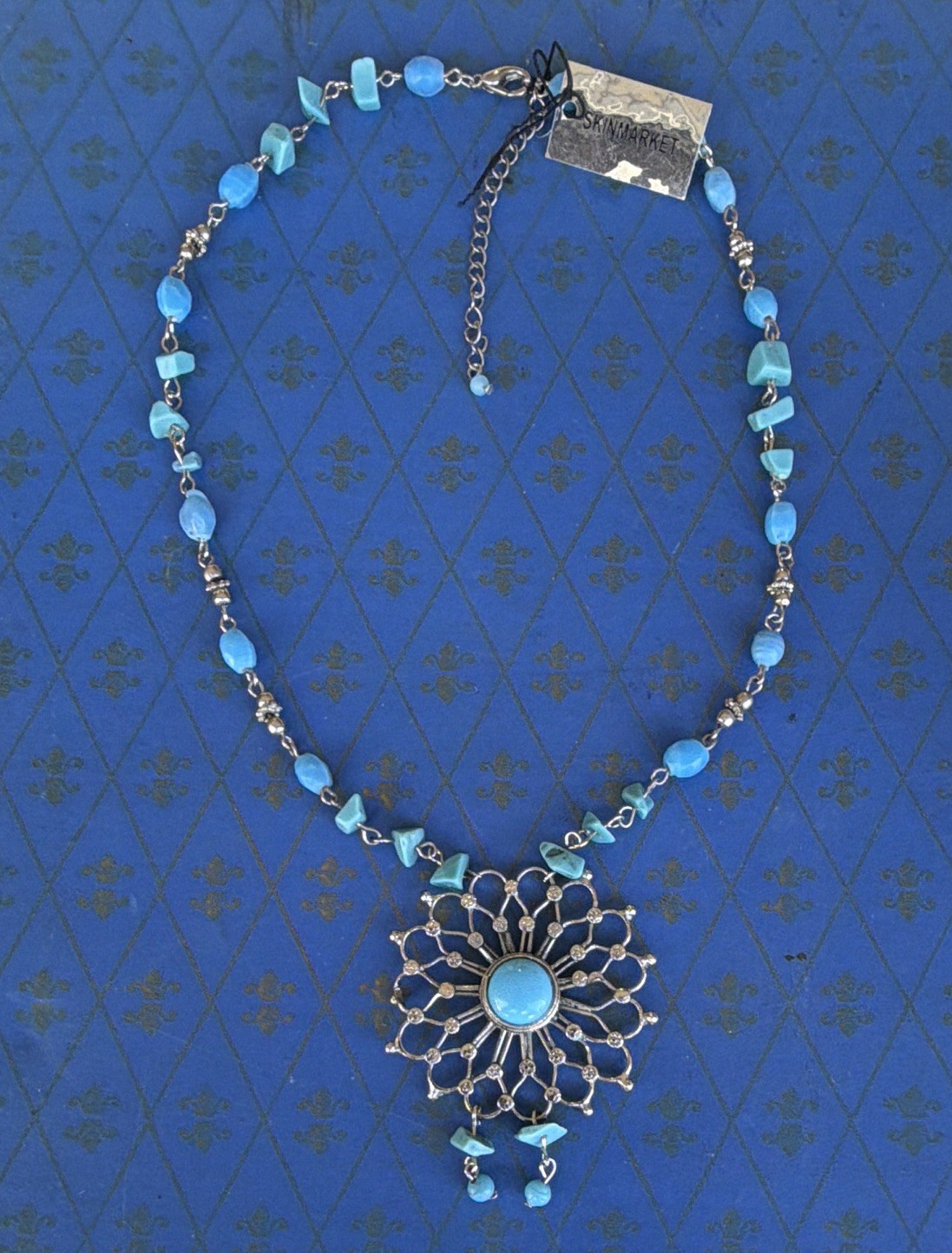 Skinmarket Blue Turquoise Beaded Flower Pendant Necklace Adjustable 16-18+ Chain